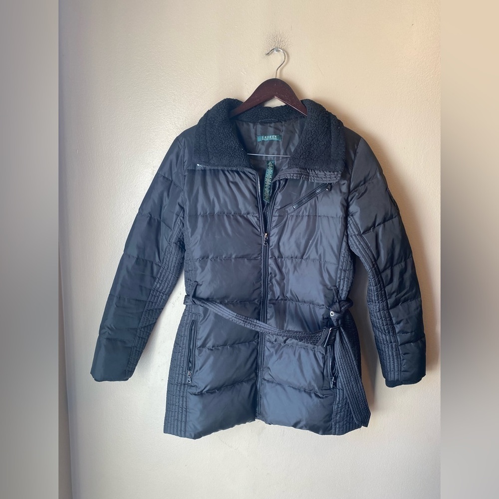Lauren Ralph Lauren 100% Goose-down Black Belted Duvet Puffer Coat